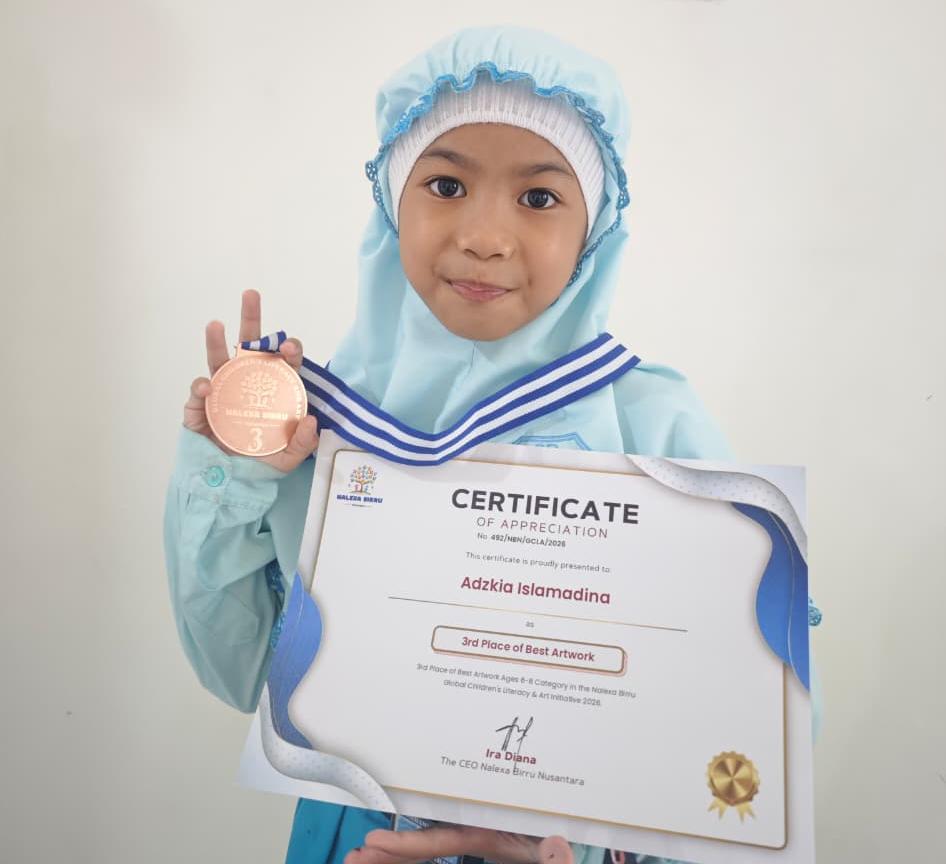 Keren! Adzkia, Siswi Kelas 1 SD Mudipat Raih Bronze Medal di Ajang Internasional Global Children’s Literacy and Art 2026